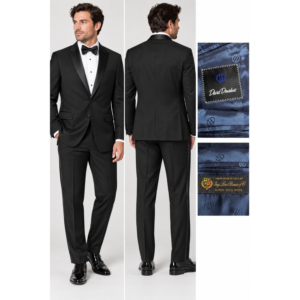 David Donahue Roarke Tuxedo 50R Black Loro Piana Pant 44R Wool Peak Lapel Suit